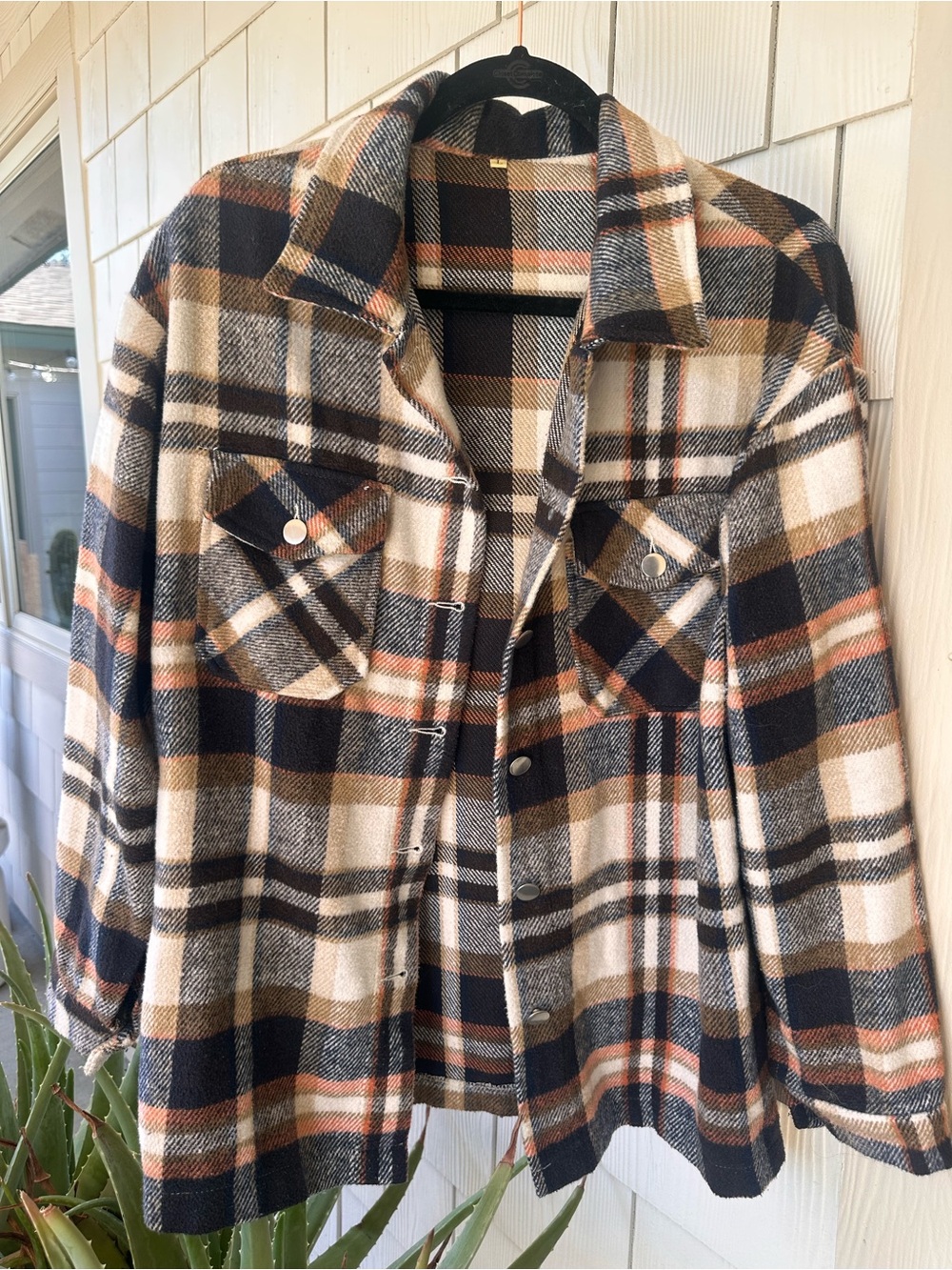 Men's Plaid Button-Up Shacket Jacket - Cream, Black & Brown
